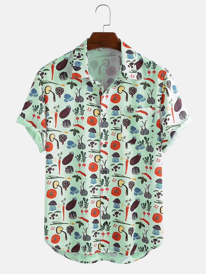 Mens Fashion Casual Vegetables Cartoon Print Turn Down Collar Short Sleeve Shirts