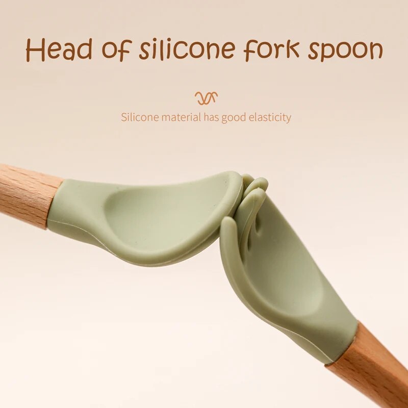 Baby Bamboo Fork Silicone Wooden Feeding Set