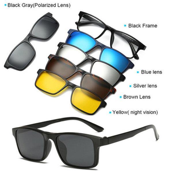 5 in 1 TR-90 Polarized Magnetic Glasses Clip On Magnetic Lens Sunglasses UV-proof Night Vision with Leather Bag - MRSLM