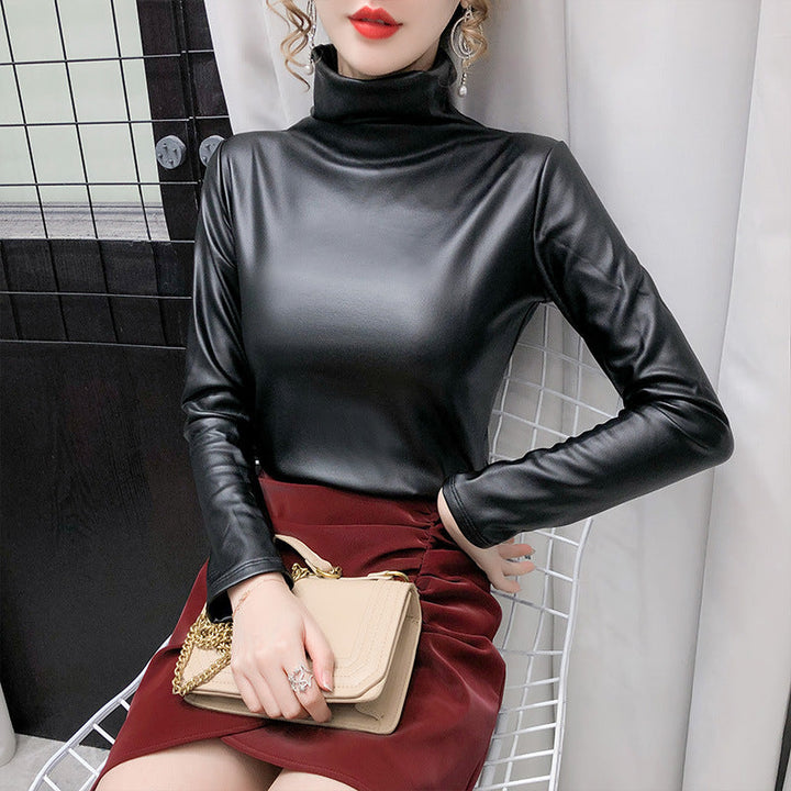 Autumn And Winter Fleece-lined Thick Leather Coat Turtleneck Bottoming Shirt For Women