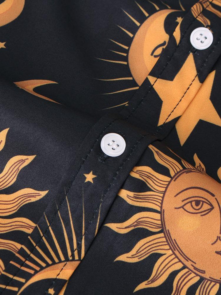 Men Sun Moon Print Short Sleeve Relaxed Shirts