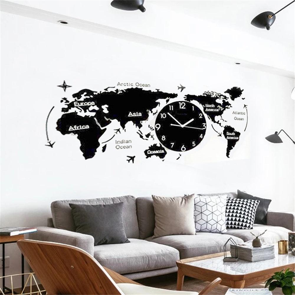 3D Wall Stickers World Map Clock 30*14 cm Living Room Home Bedroom Acrylic Decorative Personality Wall Clock