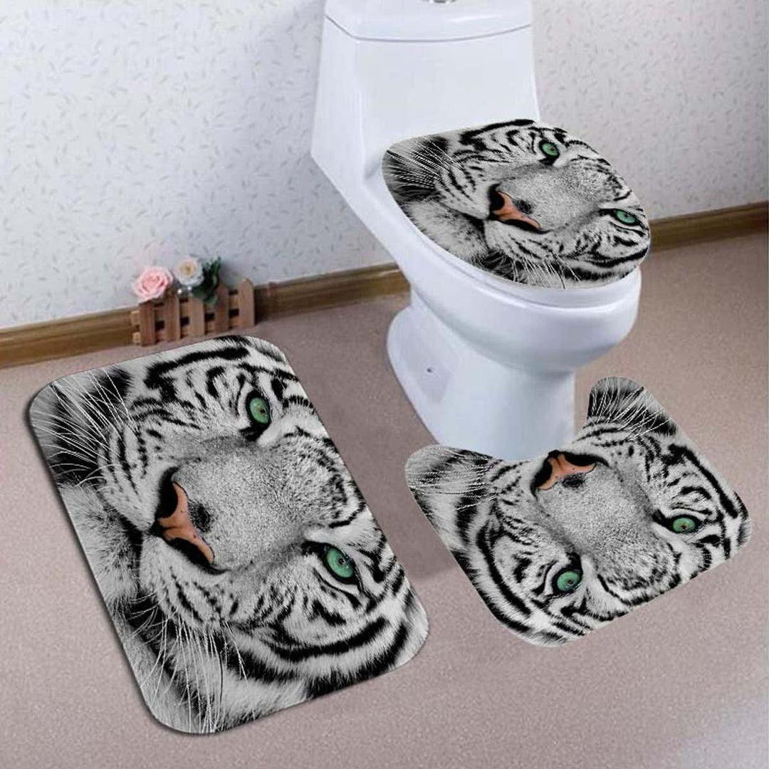 4PCS White Tiger Animal Style Shower Curtain Bathroom Carpet Rug Toilet Cover Mats Decoration