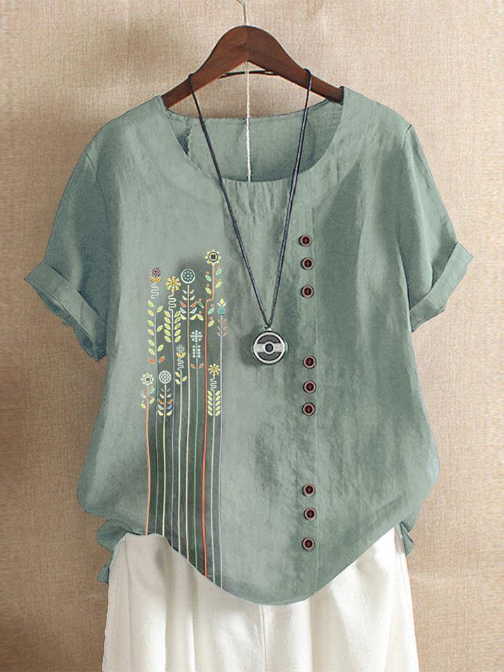 Bohemian Print Button Crew Neck Short Sleeve T-Shirts