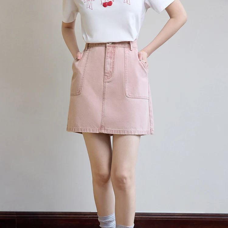 High Waist Pink Denim A-Line Mini Skirt