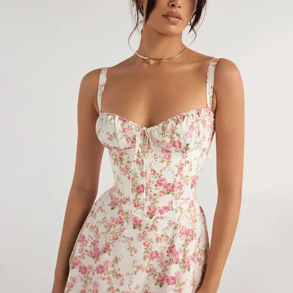 Floral Print Camisole Midi Dress with Lace-Up Detail