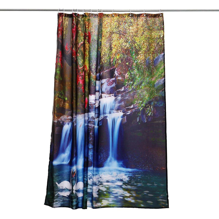 180x180cm Swans Flowers Cascade Waterproof Shower Curtain with 12pcs C-type Hooks Bathroom Set