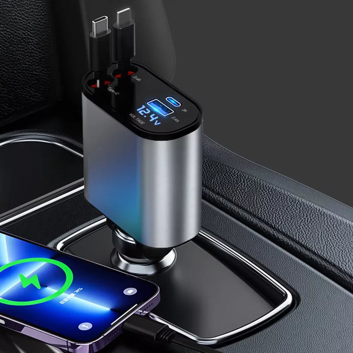 4-in-1 USB Car Fast Charger with PD QC3.0 & Digital Display