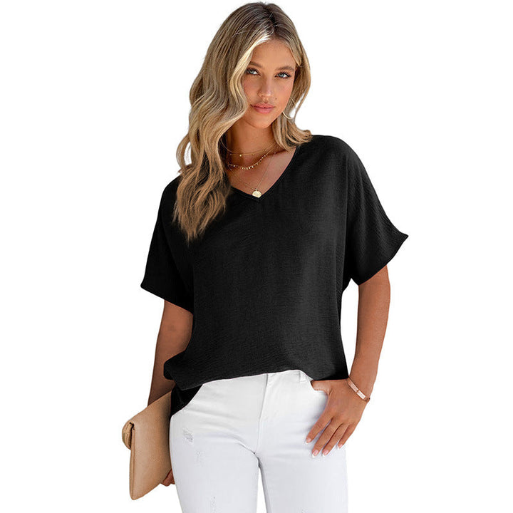 Leisure All-matching Solid Color T-shirt Loose Pullover V-neck Short-sleeved Top