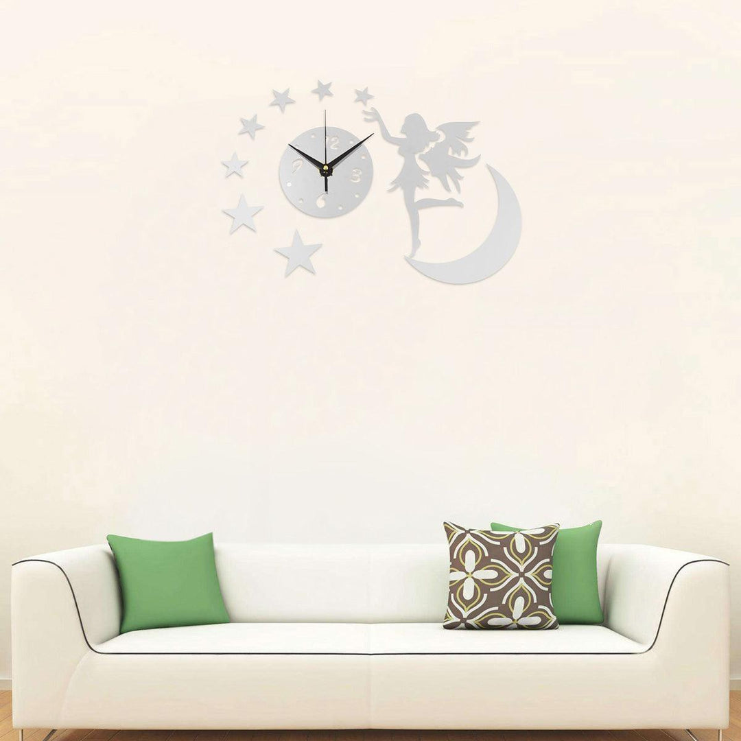 3D DIY Clock Acrylic Mirror Wall Sticker Fairy Angel Moon Star TV Backdrop Home Bedroom Wall Decoration Art Supplies