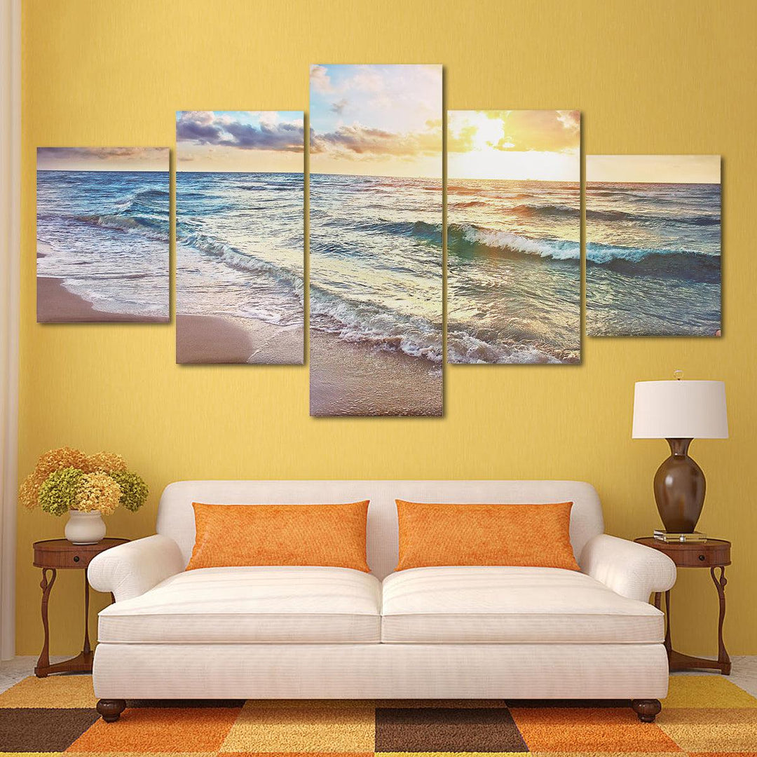 5 Panels Unframed Modern Canvas Seascape Sunrise Art Hanging Picture Room Wall Art Pictures Home Wall Decoration Supplies