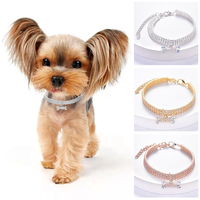 Luxury Adjustable Pet Collar with Zircon Bone Pendant