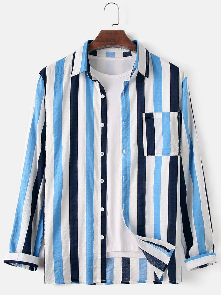 Mens 100% Cotton Colorful Stripe Patch Pocket Breathable Long Sleeve Shirts