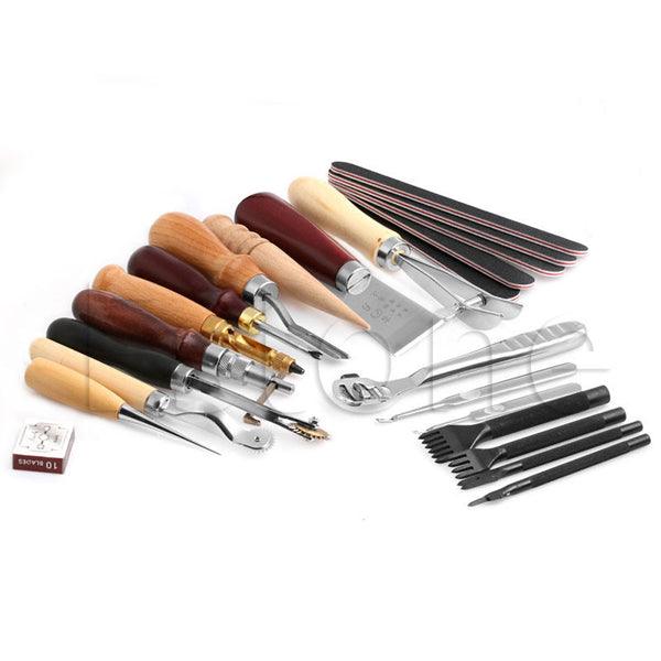 20pcs Wood Handle Leather Craft Tool Kit Leather Hand Sewing Tool Punch Cutter DIY Set