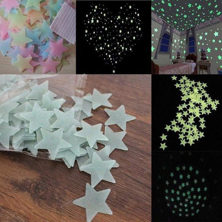 100pcs 3D Stars Glow In Dark Luminous Tape Fluorescent Plastic Wall Sticker Wall Decal Decorations