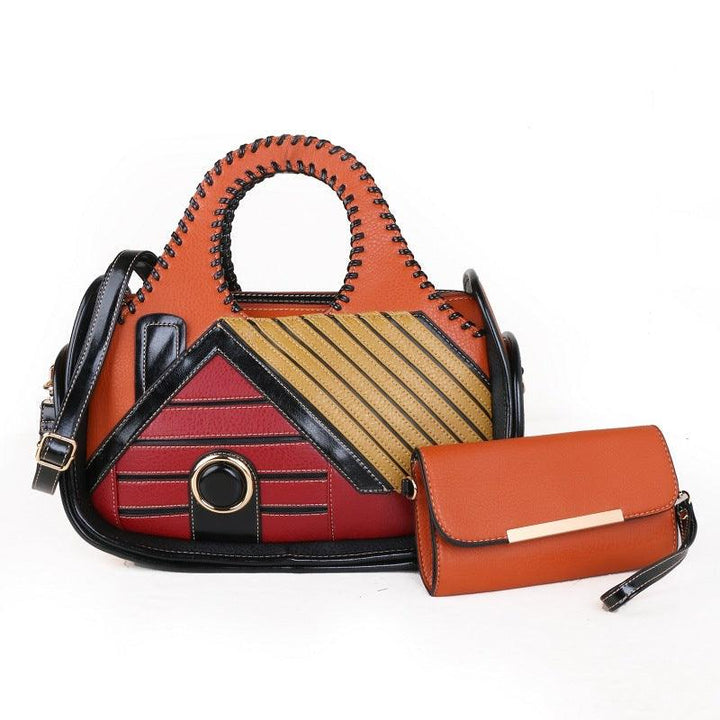 Women's Patchwork House Pattern Handbag One Shoulder Crossbody Briefcase