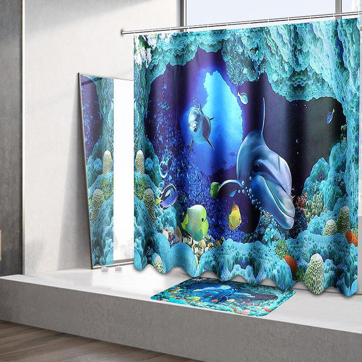 180x180cm Blue Dolphin Deep Sea Waterproof Bathroom Shower Curtain with 12 Hooks