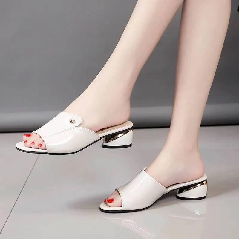 Lazy Lowheeled Leather Slippers Soft Leather Sandals And Slippers Female Fish Mouth Gold Midheel Shoes