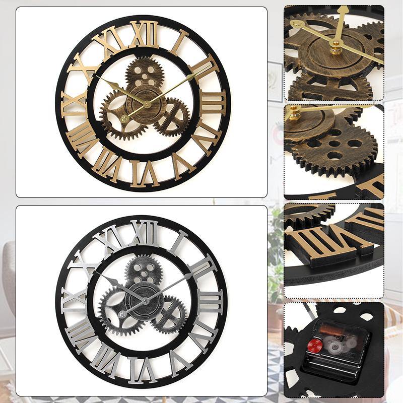 40cm Diameter Wooden Mute Wall Clock Retro Gear Decoration Creative Wall Clock