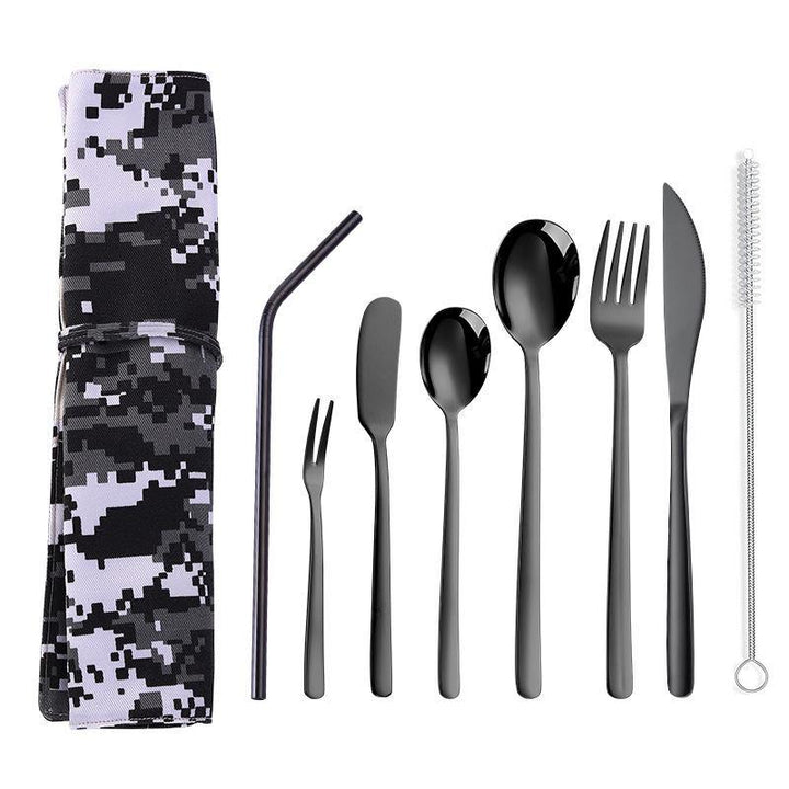 304 Stainless Steel Cutter Fork Spoon Set Portable Camouflage Western Tableware Bag Outdoor Dinnerware Set - MRSLM