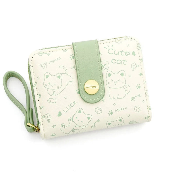 Cute Cat Compact Wallet - Zippered Coin and Card Holder with Key Storage