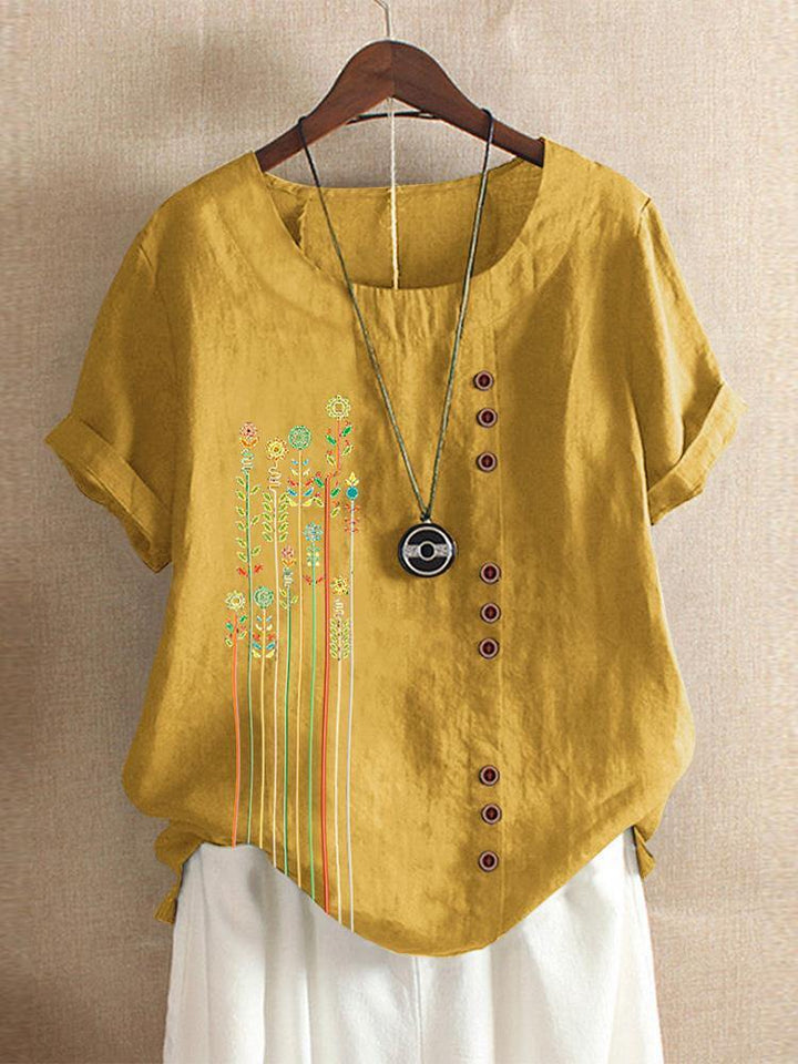 Bohemian Print Button Crew Neck Short Sleeve T-Shirts