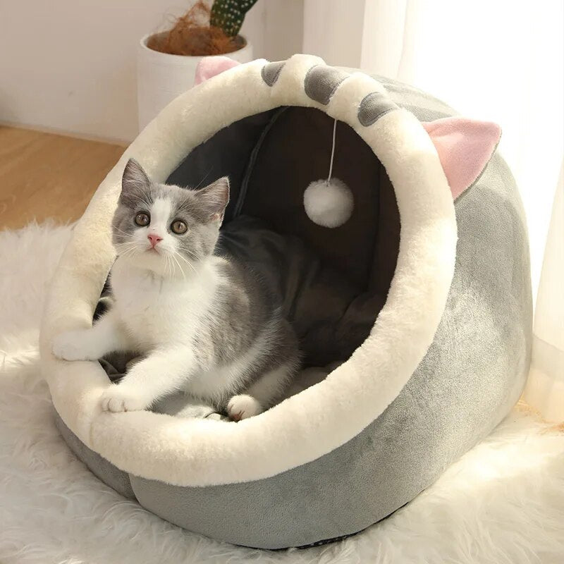 Cozy Semi-Closed Cat Bed - Soft Winter Pet House with Plush Cushion