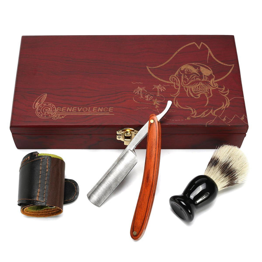 4Pcs Shaver Kit Cut Throat Straight Razor Shaving Brush Strop Wooden Box Gift Set - MRSLM