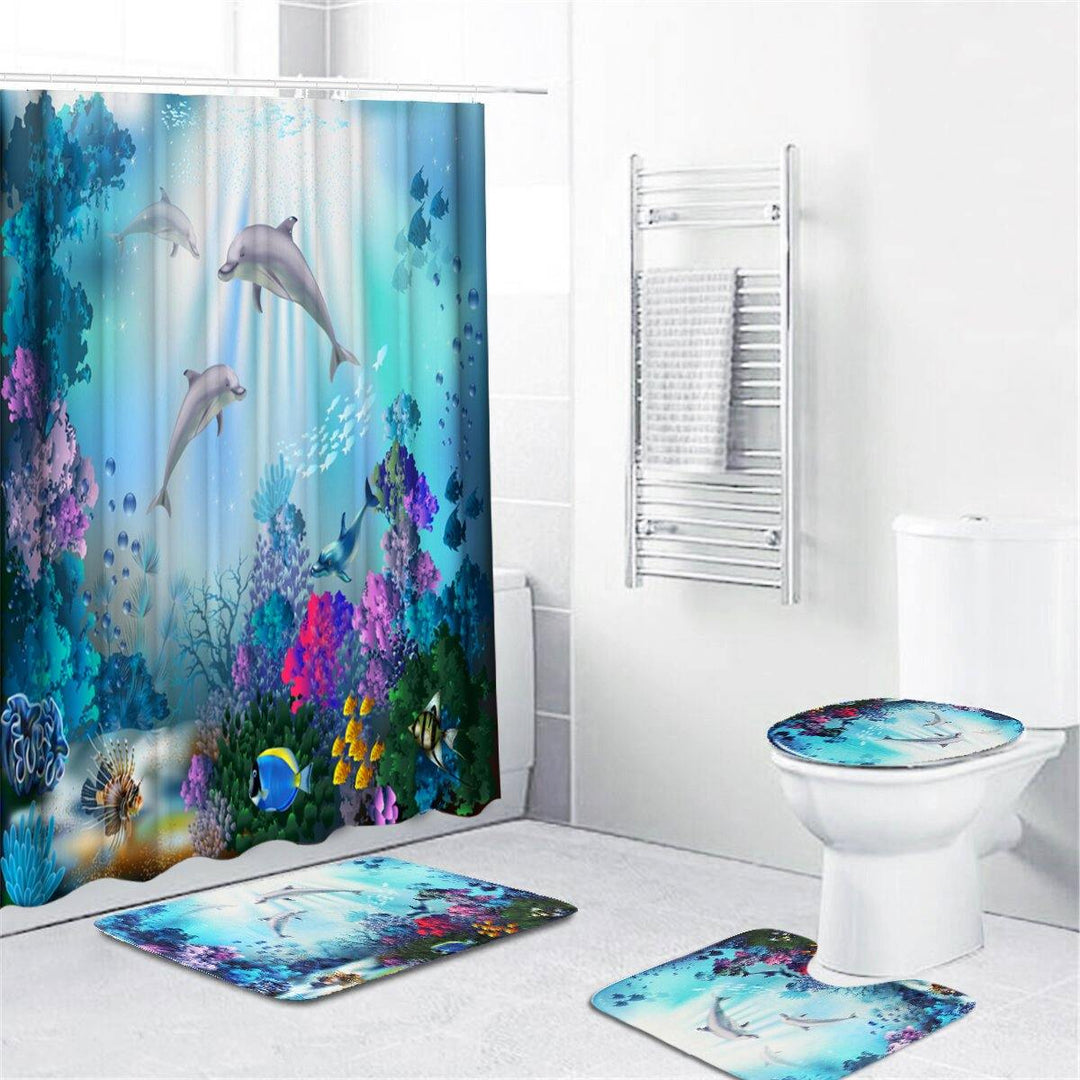 1/3/4 Pcs Sea Style Dolphin Waterproof Shower Curtain Set Toilet Cover Mat Bathroom Non-Slip Mat Pedestal Rug Kit