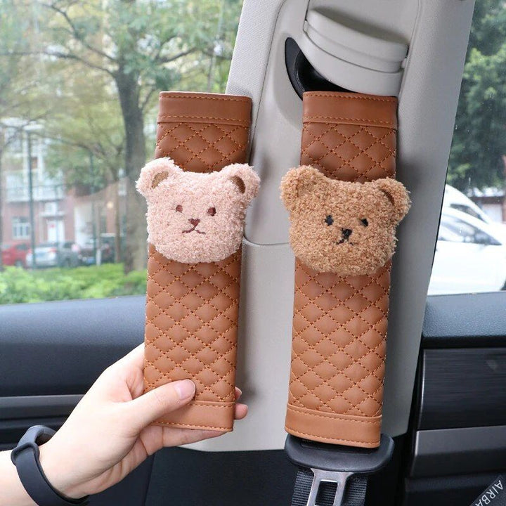 Cute Bear Car Seatbelt Cushion for Kids - Soft Leather Shoulder Strap Pad