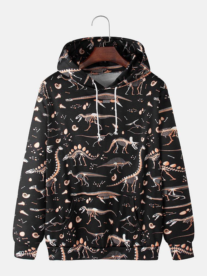 Mens Allover Dinosaur Fossil Print Loose Casual Kangaroo Pocket Drawstring Hoodies