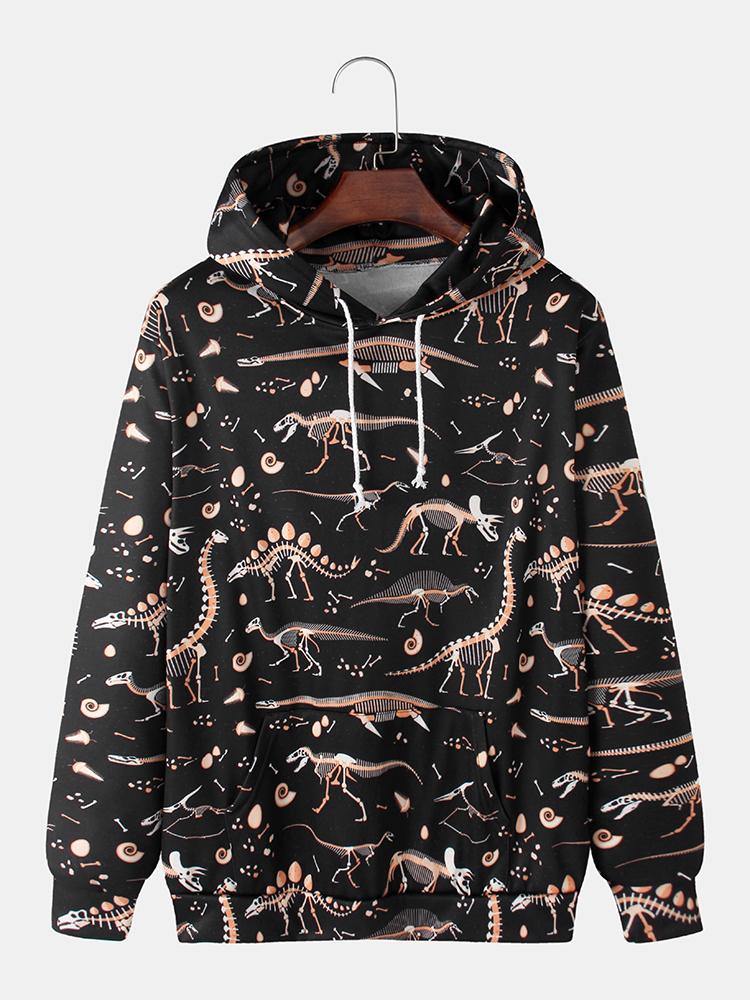 Mens Allover Dinosaur Fossil Print Loose Casual Kangaroo Pocket Drawstring Hoodies - MRSLM