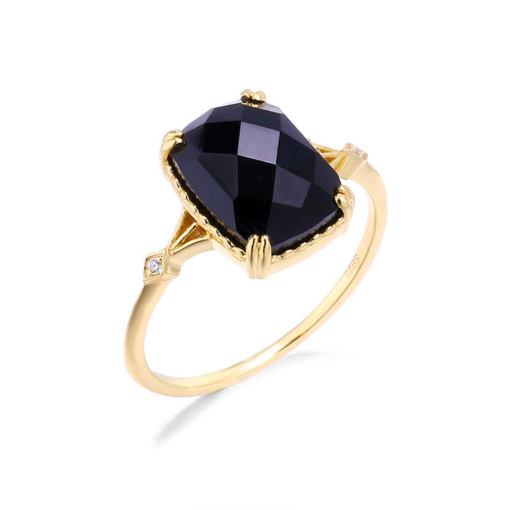 Simple Retro Style Rectangular Black Agate 925 Silver Ring