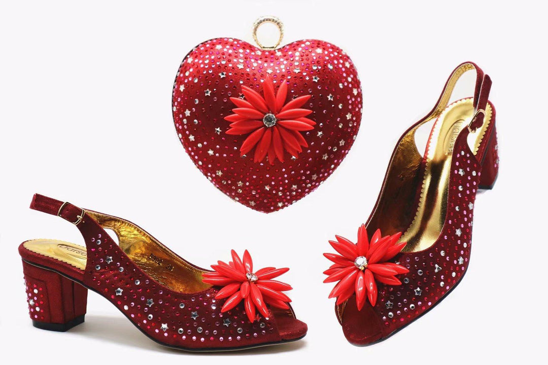 Large Size Women's Shoes Short Heel Fish Mouth Sandals With Heart-shaped Diamond Bag