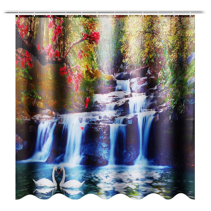 180x180cm Swans Flowers Cascade Waterproof Shower Curtain with 12pcs C-type Hooks Bathroom Set