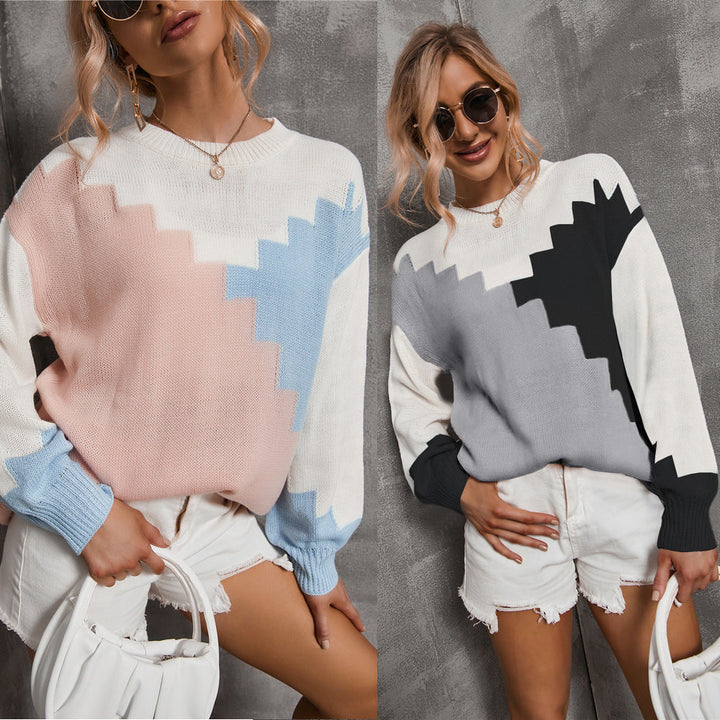 Patchwork Round Neck Plus Size Loose Sweater Long Sleeve Sweater