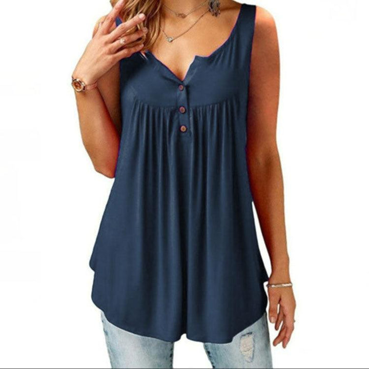 Solid Color Gathered Sleeveless Women's Casual T-Shirt Mid Length Button Vest