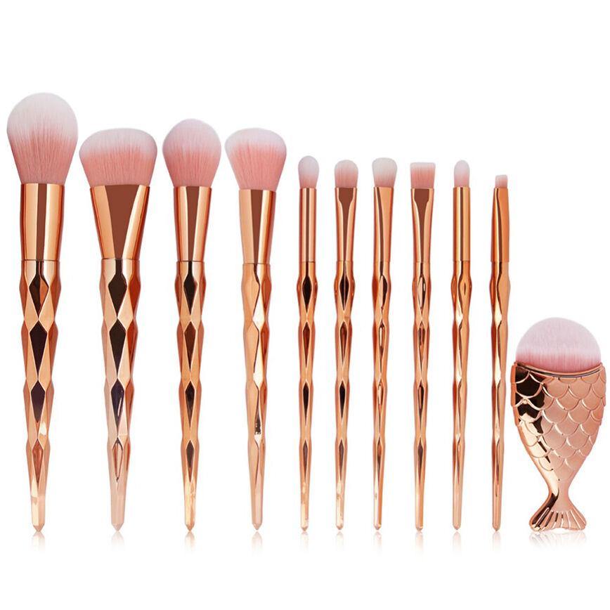 11PCS Mermaid Makeup Brushes Set Fishtail Shaped Foundation Powder Cosmetics Brushes Make Up Tools