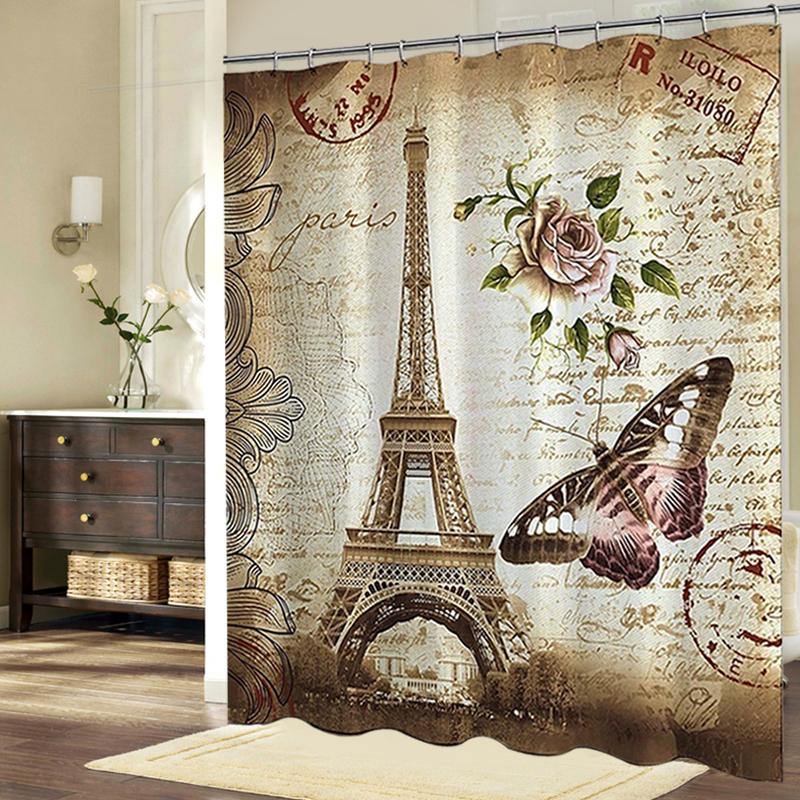 180x200cm Paris Bathroom Shower Curtains Eiffel Tower Waterproof Fabric & Hooks