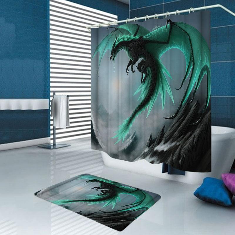 4PCS Flying Dragon Waterproof Bathroom Shower Curtain Toilet Cover Bath Mat Non-Slip Rug Set with 12 Hooks