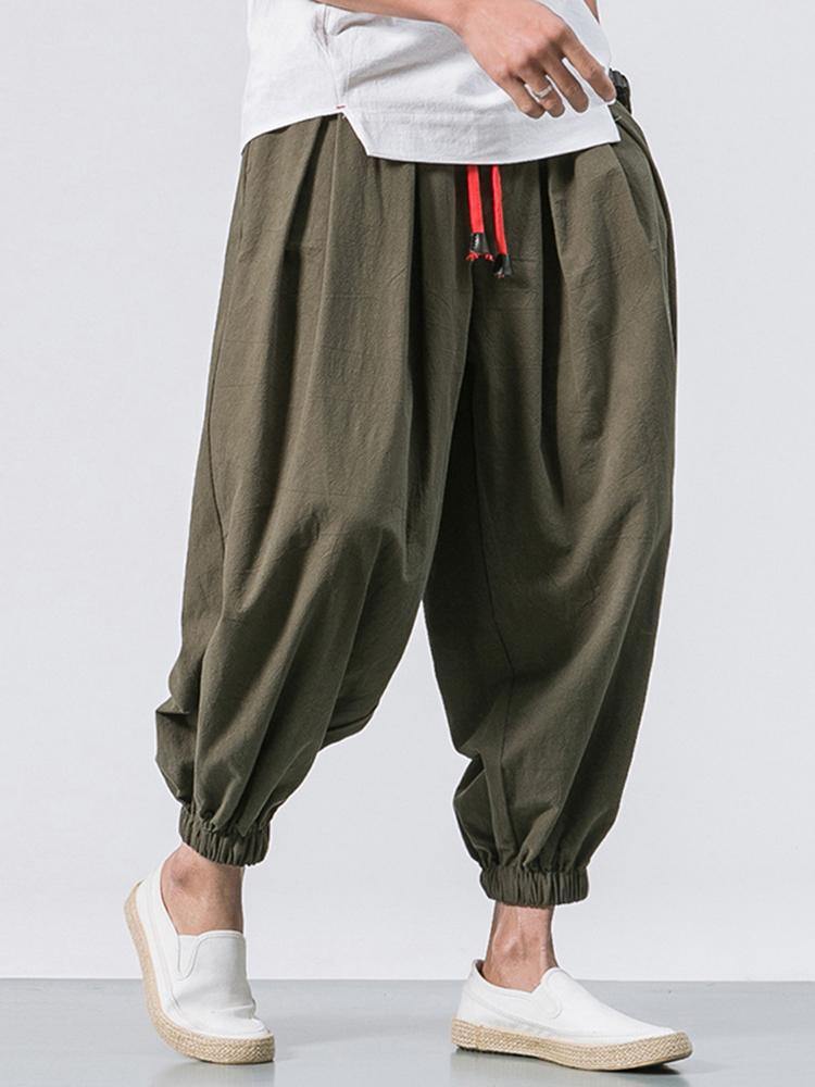 Men Cotton Loose Comfy Baggy Vintage Drawstring Jogger Casual Harem Pants