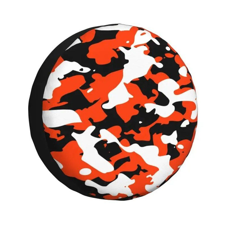 Rugged Camo Spare Tire Cover ‚Äì Black Orange Camouflage Wheel Protector for Off-Road and Outdoor Vehicles