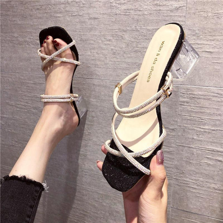 Open-toed two-wear half-drag fashion crystal high-heel sandals