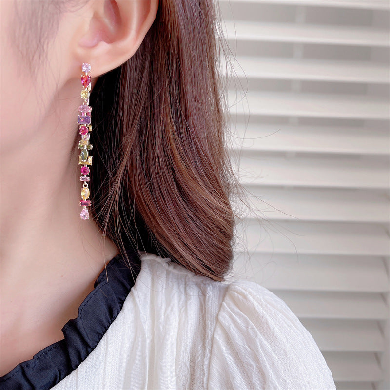 Geometric Color Zircon Double Tassel Earrings