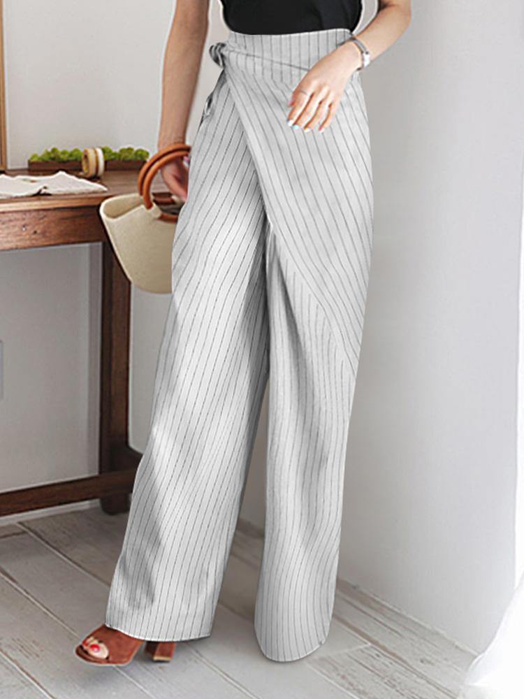 Women Stripe Print Asymmetrical Bandage Design Casual Wide Leg Pants