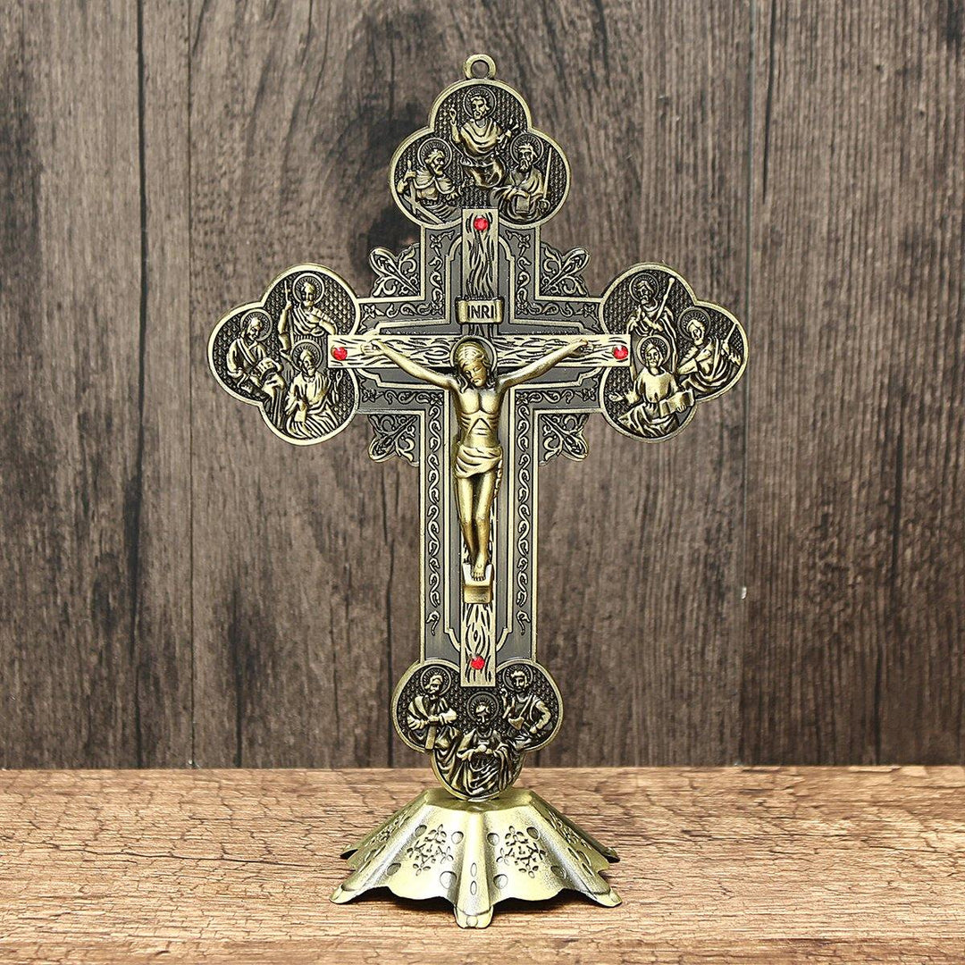 10" Antique Jesus INRI Catholic Altar Standing Religious Crucifix Cross Decorations with Base