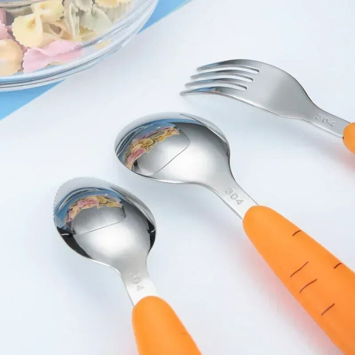 Toddler Stainless Steel Utensils with Carrot Handle - Baby Fork and Spoons Set