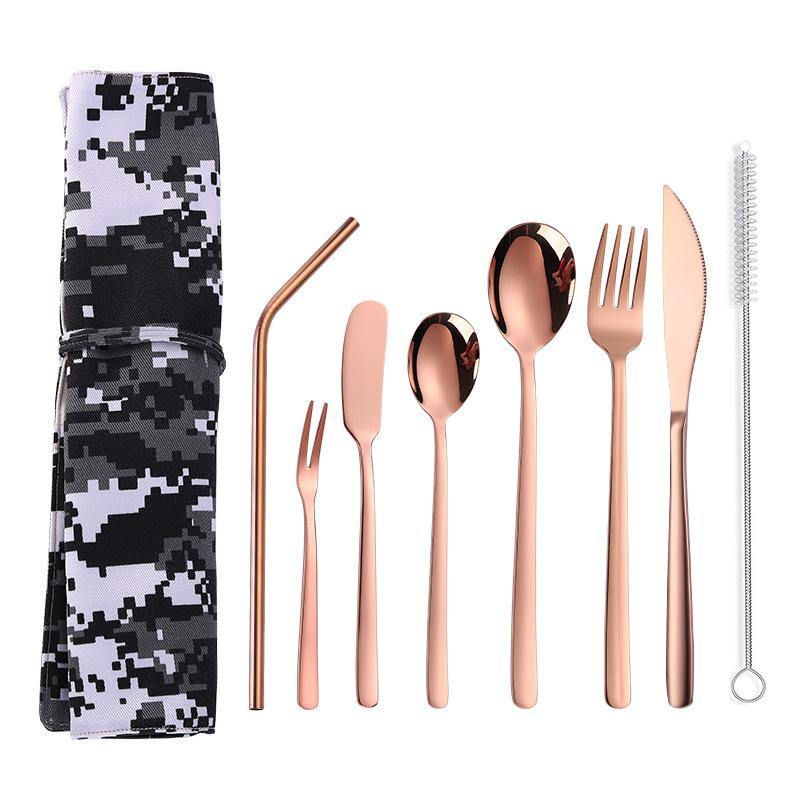 304 Stainless Steel Cutter Fork Spoon Set Portable Camouflage Western Tableware Bag Outdoor Dinnerware Set - MRSLM