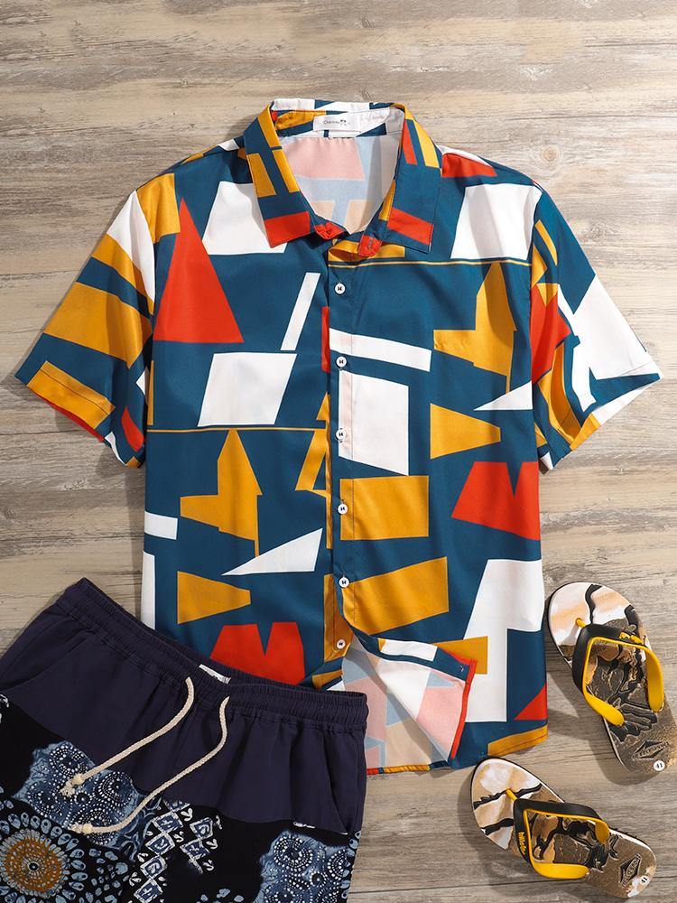 Mens Fashion Colorful Contrast Color Printing Loose Casual Shirts