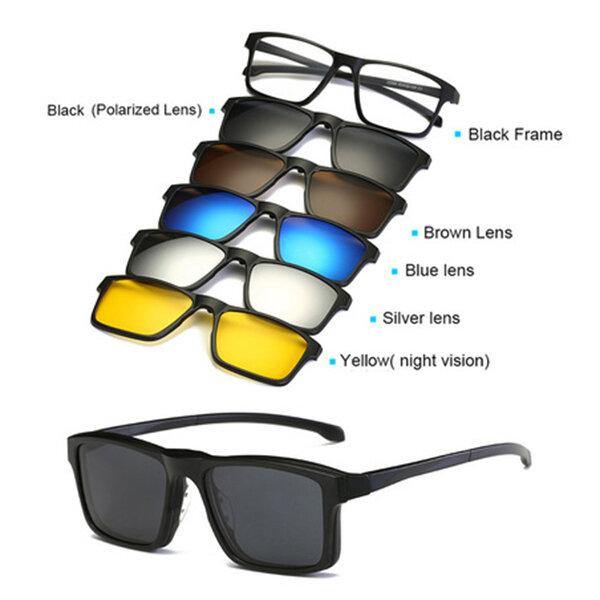 5 in 1 TR-90 Polarized Magnetic Glasses Clip On Magnetic Lens Sunglasses UV-proof Night Vision with Leather Bag - MRSLM